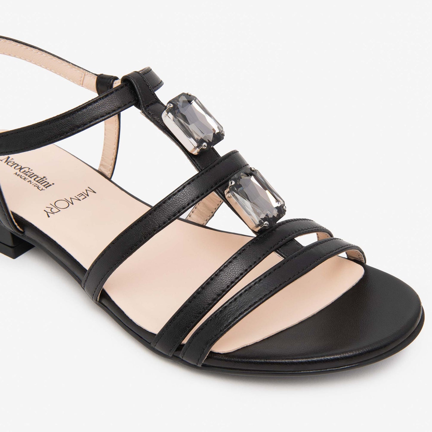 Sandali Nero Giardini Donna Tacco Basso con Pietre | Pelle Nera E615760D-100