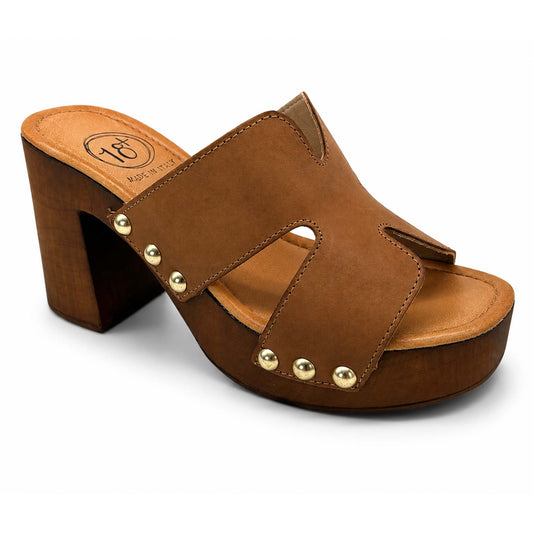 Sandali 18+ donna 8994 zoccoli in pelle marrone tan