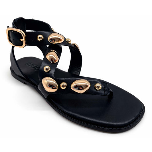 Sandali INUOVO Donna Infradito in Pelle Nera E35008N | Tacco Basso e Borchie
