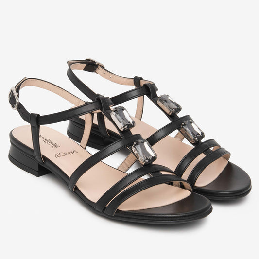 Sandali Nero Giardini Donna Tacco Basso con Pietre | Pelle Nera E615760D-100