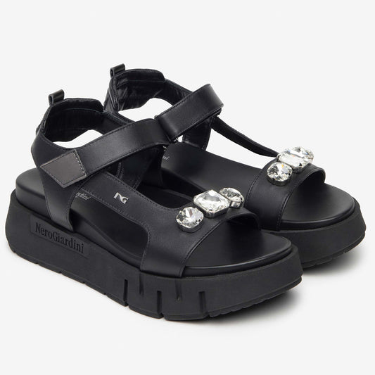Sandali Platform NeroGiardini Donna con Pietre E410707-100 | Pelle Nero, Comodo