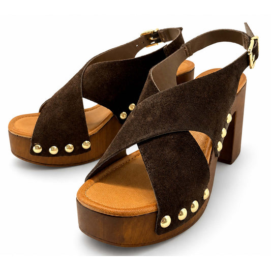 Sandali 18+ donna 8885 zoccoli in camoscio marrone
