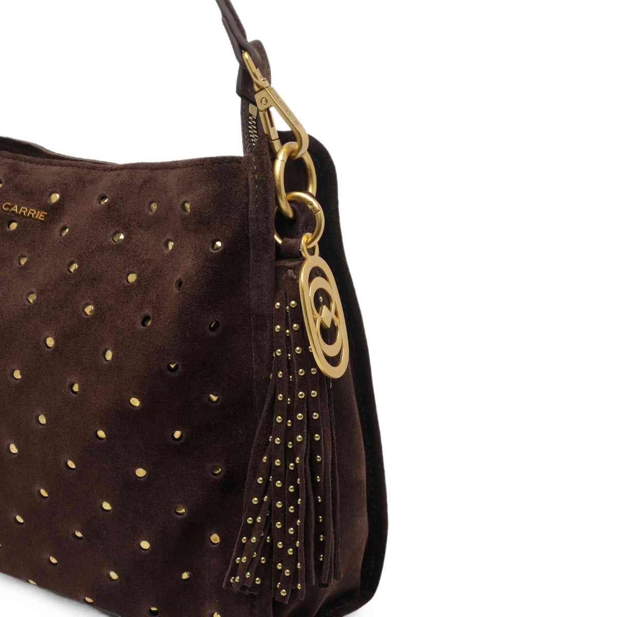 Borsa donna La Carrie Downtown marrone con tracolla a catena e charm