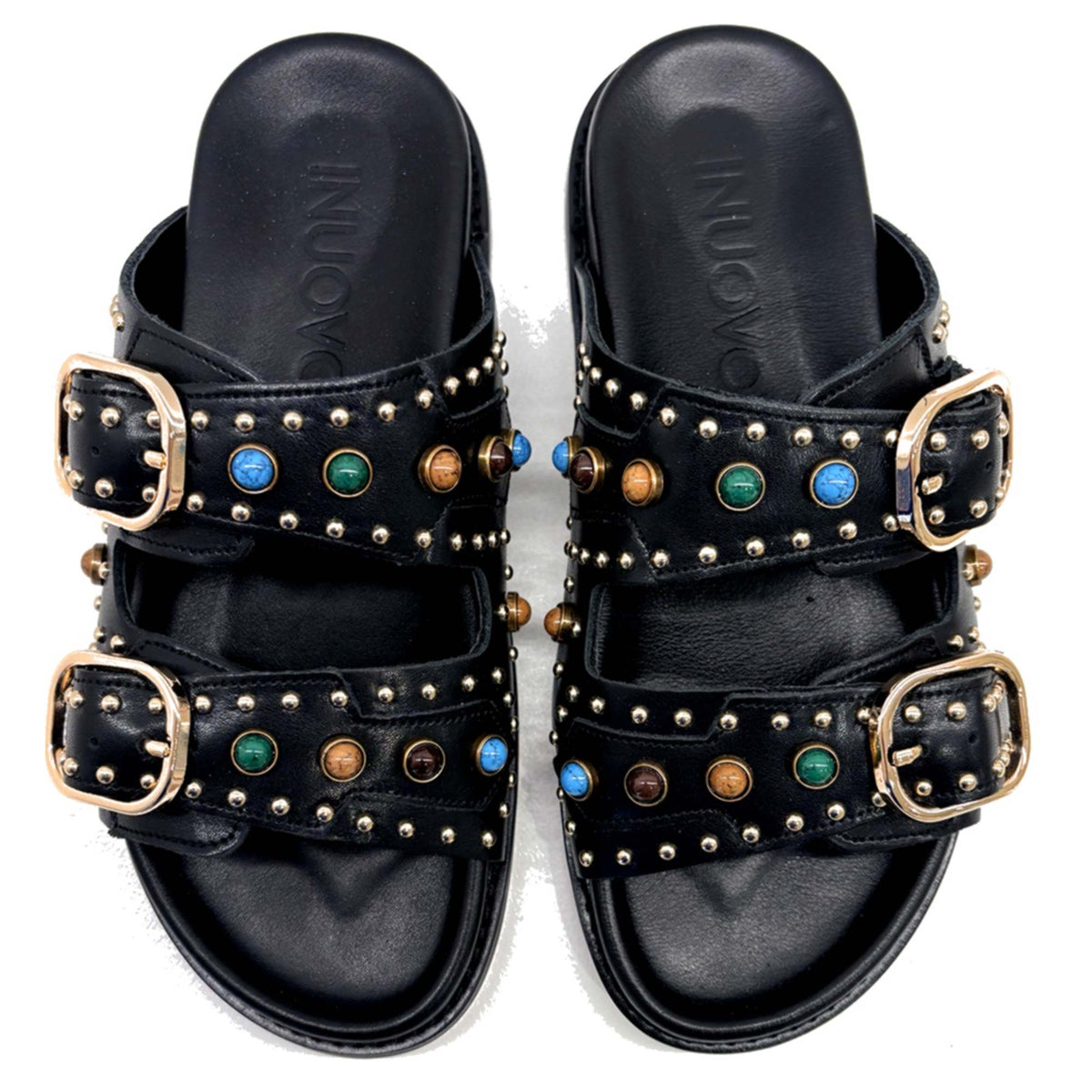 Sandali INUOVO D51049 Donna Doppia Fascia con Fibbe | Ciabatte in Pelle Nero