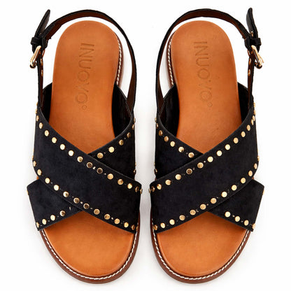 Sandali INUOVO Donna in Camoscio Nero H26233 | Tacco Basso e Borchie