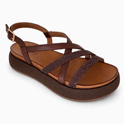 Sandali INUOVO Donna Zeppa con Strass Praline A96051 | In Pelle Marrone