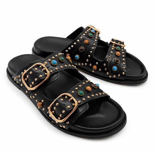 Sandali INUOVO D51049 Donna Doppia Fascia con Fibbe | Ciabatte in Pelle Nero