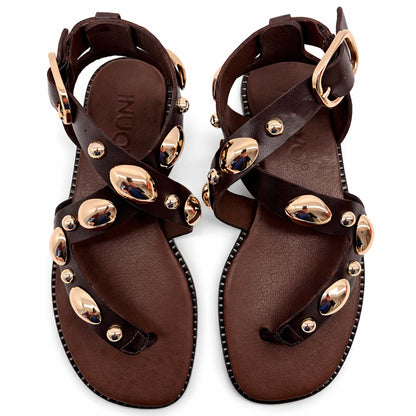 Sandali INUOVO Donna Infradito in Pelle Marrone E35008N | Tacco Basso e Borchie