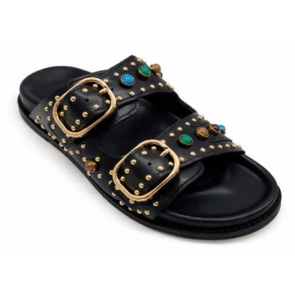 Sandali INUOVO D51049 Donna Doppia Fascia con Fibbe | Ciabatte in Pelle Nero