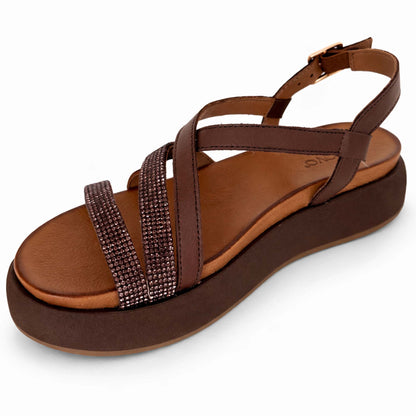 Sandali INUOVO Donna Zeppa con Strass Praline A96051 | In Pelle Marrone