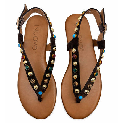 Sandali infradito INUOVO E39001 donna borchie | Camoscio Marrone
