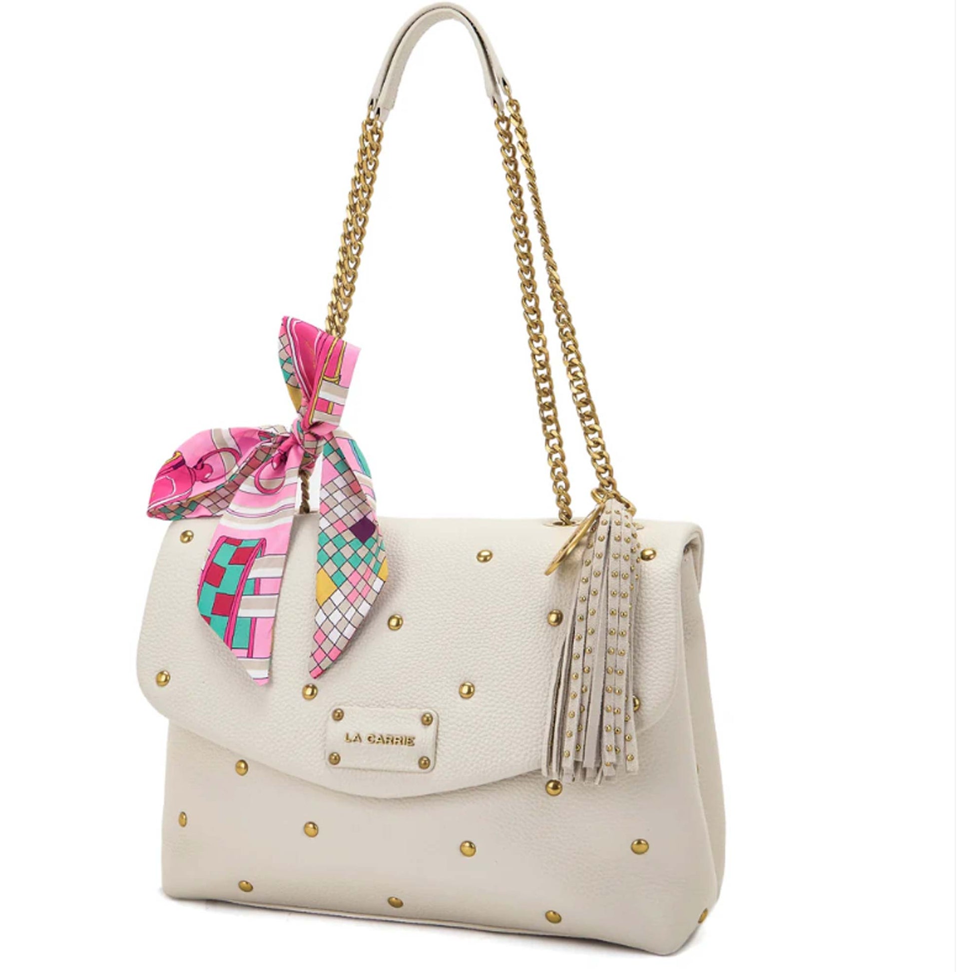 Borsa La Carrie Bowling Bag Avorio in Pelle Martellata con Catena