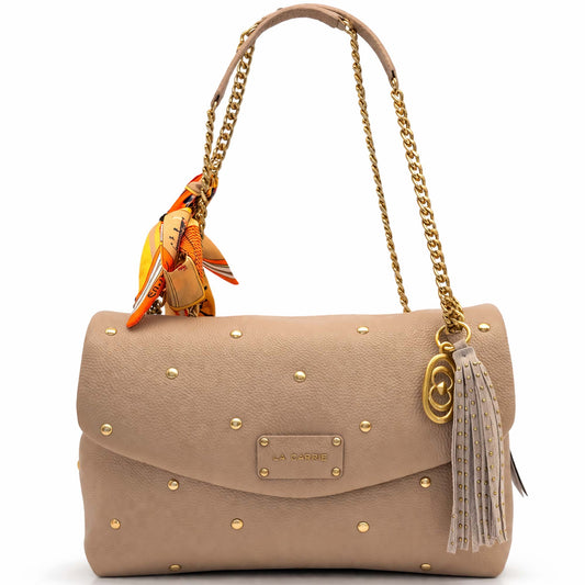 Borsa La Carrie Bowling Bag Beige in Pelle Martellata con Catena