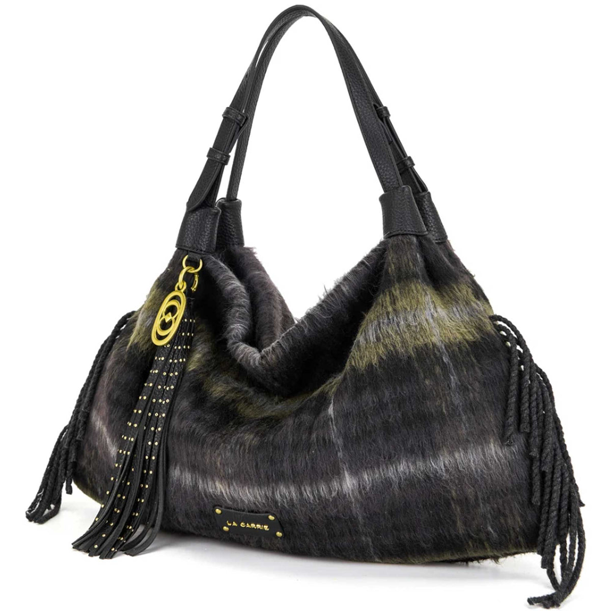 Borsa La Carrie Kerala nera tartan vista frontale