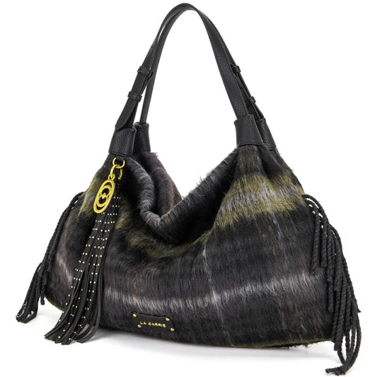 Borsa La Carrie Kerala nera tartan vista frontale