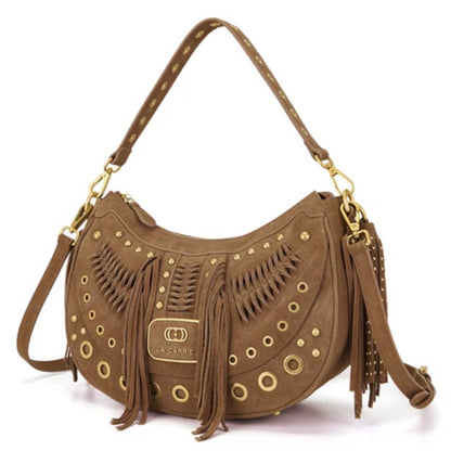 Borsa a spalla La Carrie Apallosa cuoio in suede con frange