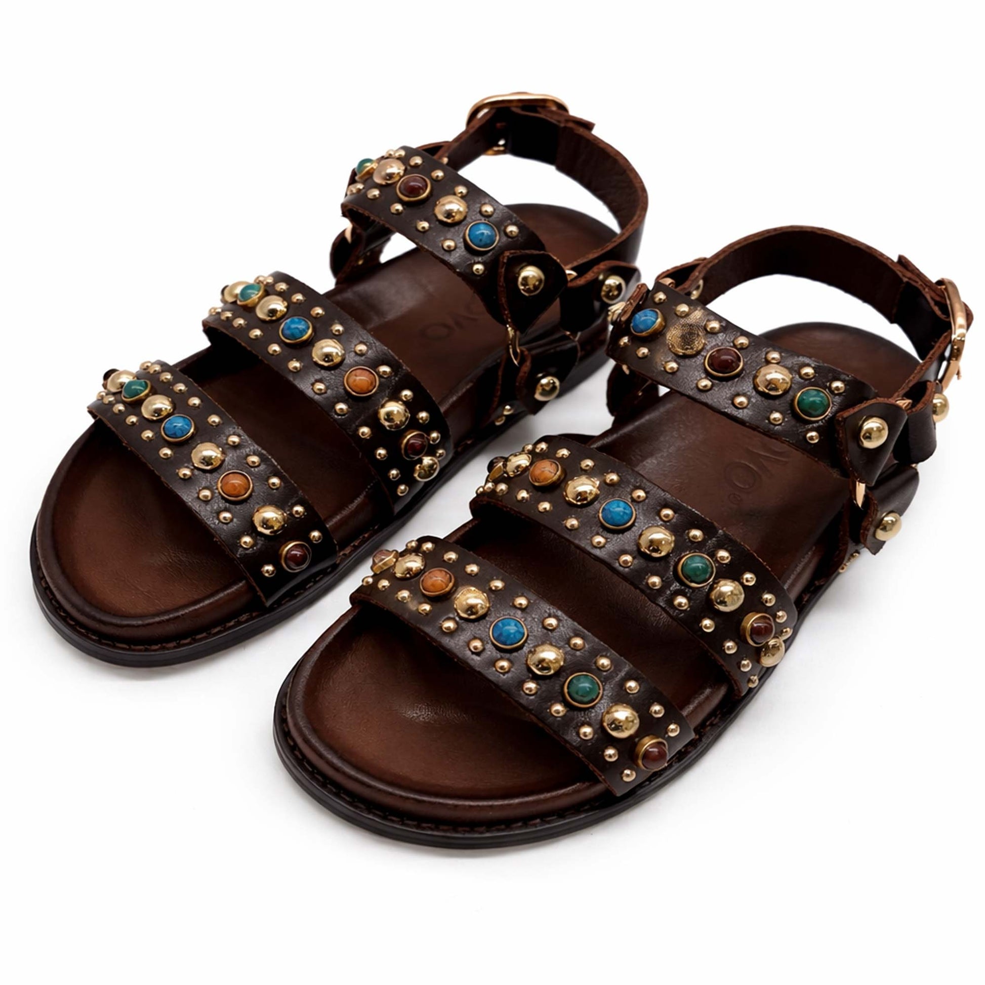 Sandali INUOVO D51045 Donna con Fibbe e Borchie | Pelle Marrone