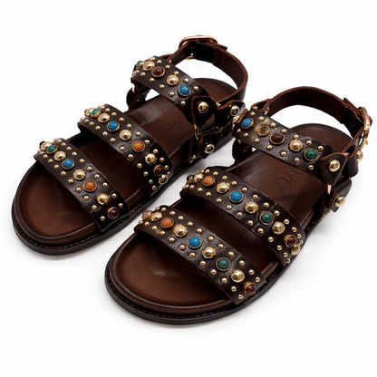 Sandali INUOVO D51045 Donna con Fibbe e Borchie | Pelle Marrone