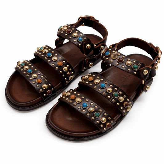 Sandali INUOVO D51045 Donna con Fibbe e Borchie | Pelle Marrone