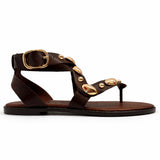 Sandali INUOVO Donna Infradito in Pelle Marrone E35008N | Tacco Basso e Borchie