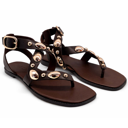 Sandali INUOVO Donna Infradito in Pelle Marrone E35008N | Tacco Basso e Borchie