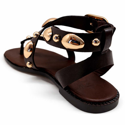 Sandali INUOVO Donna Infradito in Pelle Marrone E35008N | Tacco Basso e Borchie