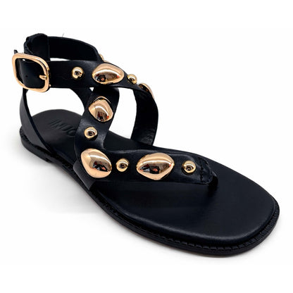 Sandali INUOVO Donna Infradito in Pelle Nera E35008N | Tacco Basso e Borchie