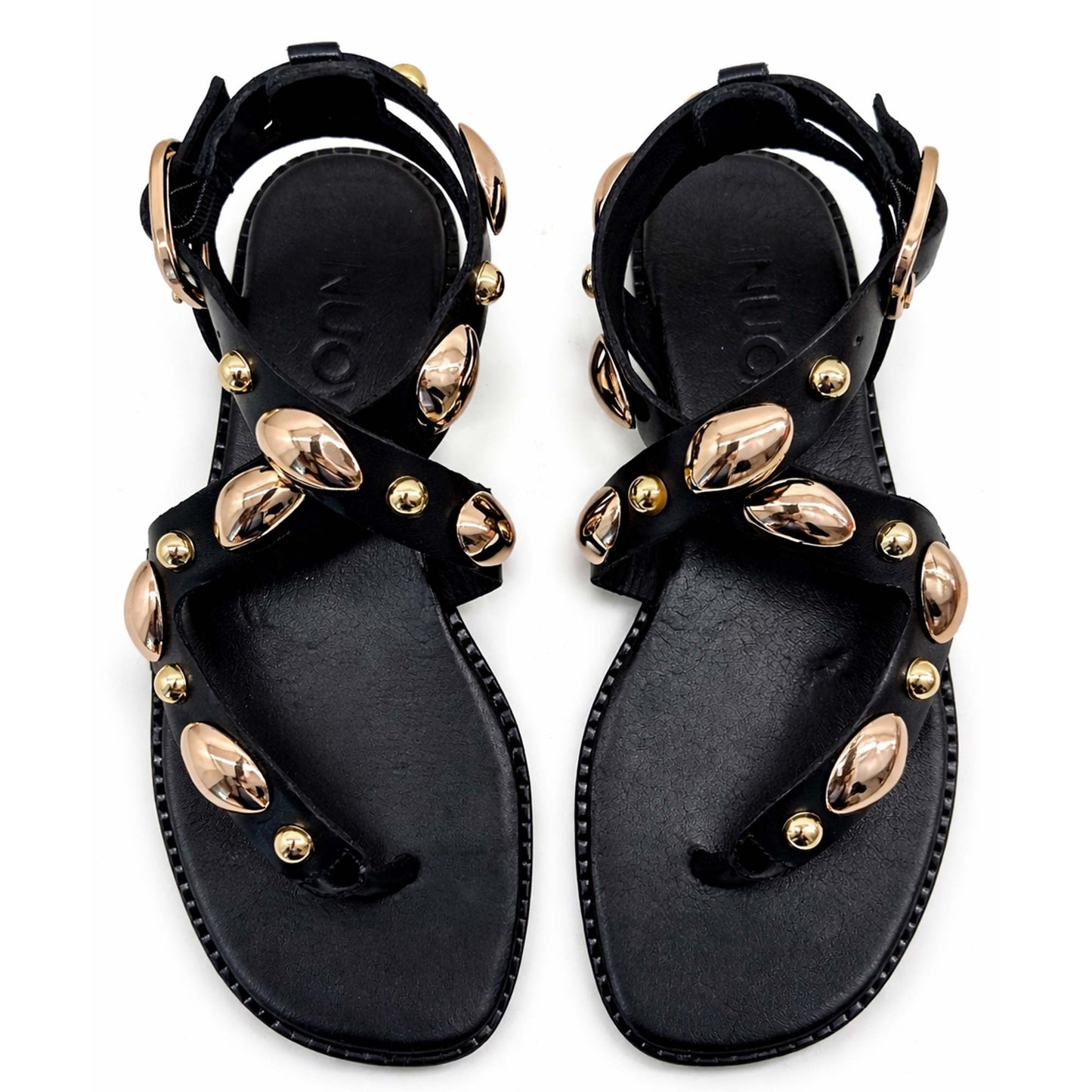 Sandali INUOVO Donna Infradito in Pelle Nera E35008N | Tacco Basso e Borchie