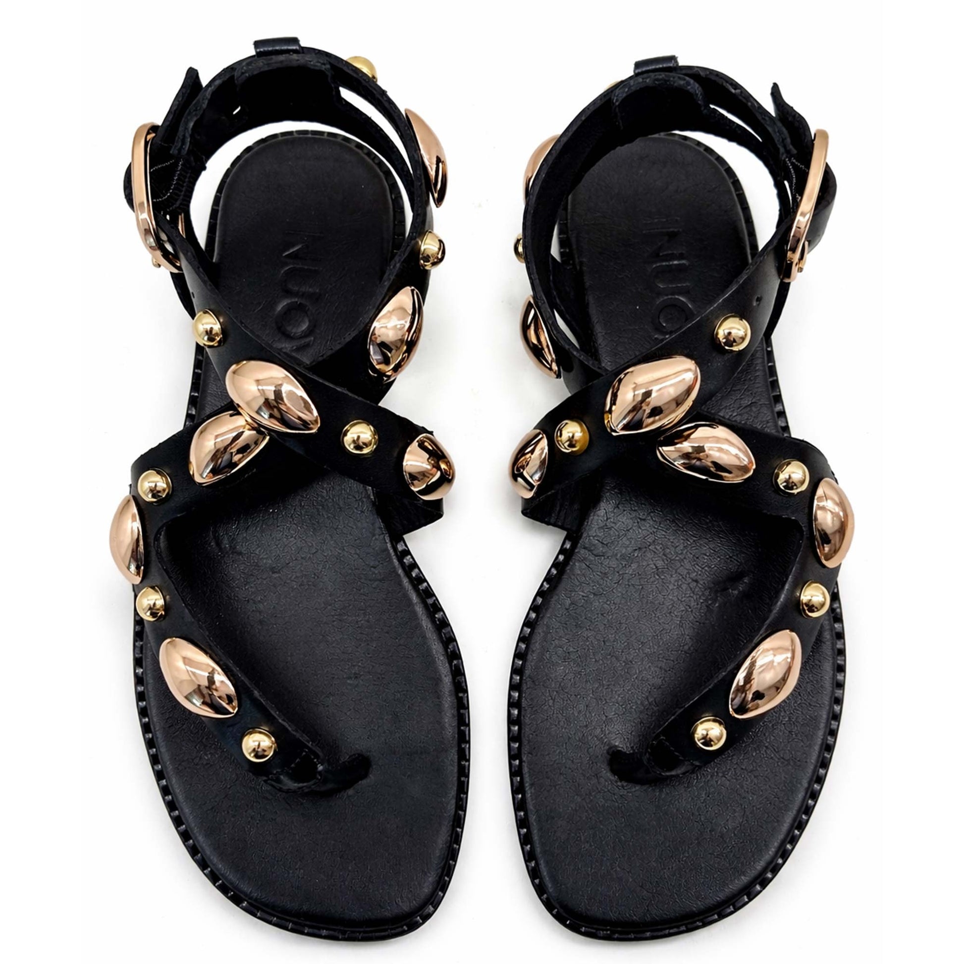 Sandali INUOVO Donna Infradito in Pelle Nera E35008N | Tacco Basso e Borchie