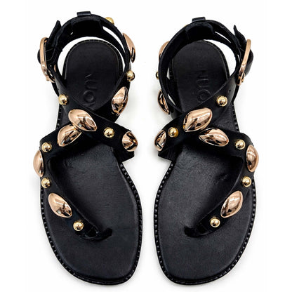 Sandali INUOVO Donna Infradito in Pelle Nera E35008N | Tacco Basso e Borchie