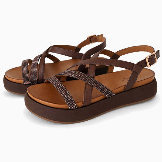Sandali INUOVO Donna Zeppa con Strass Praline A96051 | In Pelle Marrone 