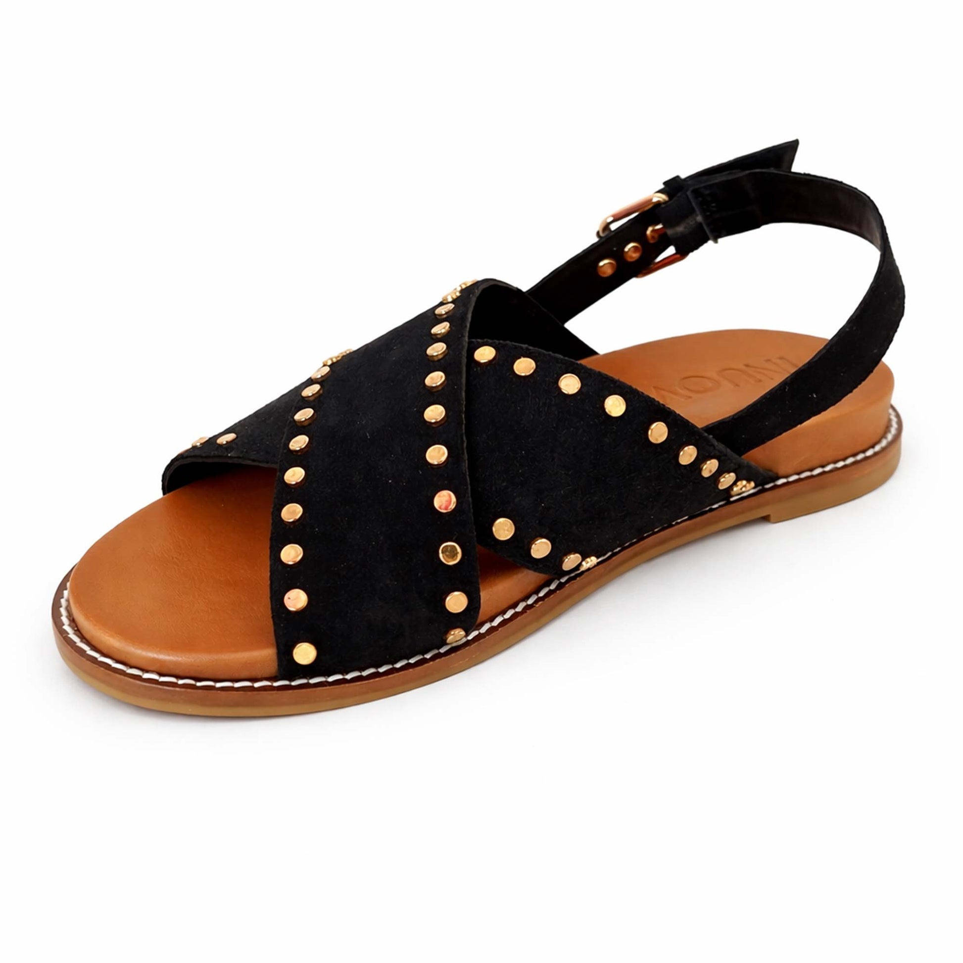 Sandali INUOVO Donna in Camoscio Nero H26233 | Tacco Basso e Borchie