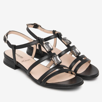 Sandali Nero Giardini Donna Tacco Basso con Pietre | Pelle Nera E615760D-100