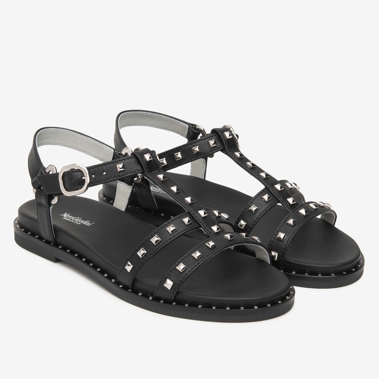 Sandali Nero Giardini Donna in Pelle Nera con borchie | Tacco Flat E615921D-100