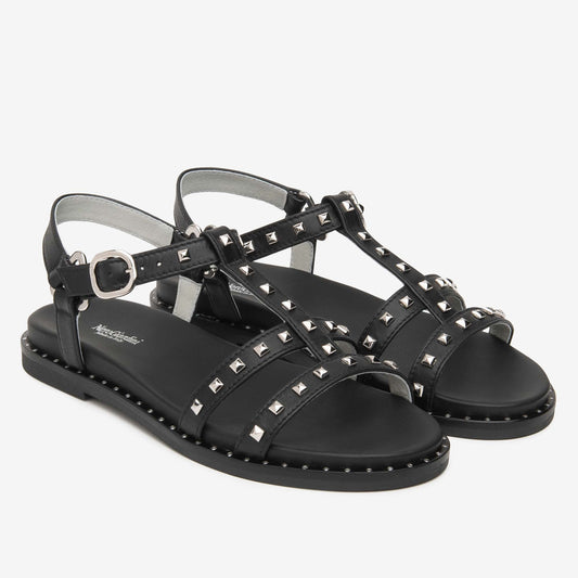 Sandali Nero Giardini Donna in Pelle Nera con borchie | Tacco Flat E615921D-100