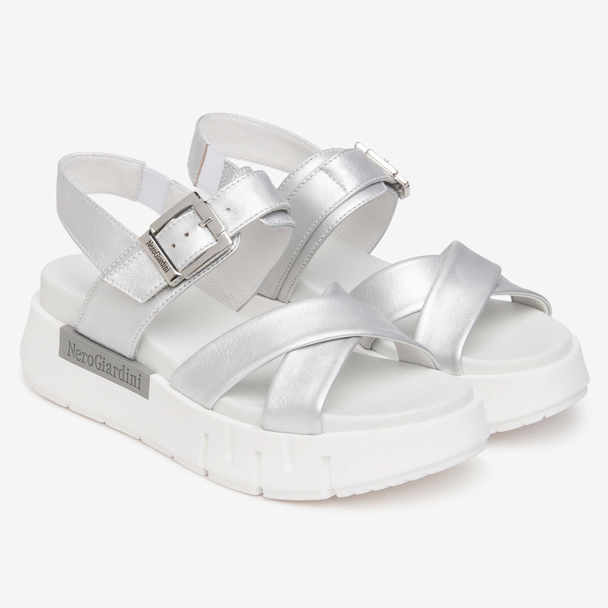 Sandali Platform NeroGiardini Donna E617064-700 | Pelle Argento, Tacco Comodo