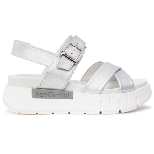 Sandali Platform NeroGiardini Donna E617064-700 | Pelle Argento, Tacco Comodo