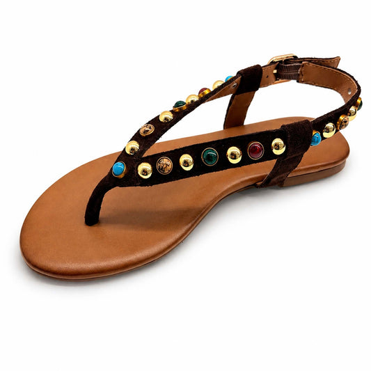 Sandali infradito INUOVO E39001 donna borchie | Camoscio Marrone