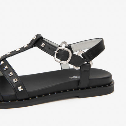 Sandali Nero Giardini Donna in Pelle Nera con borchie | Tacco Flat E615921D-100