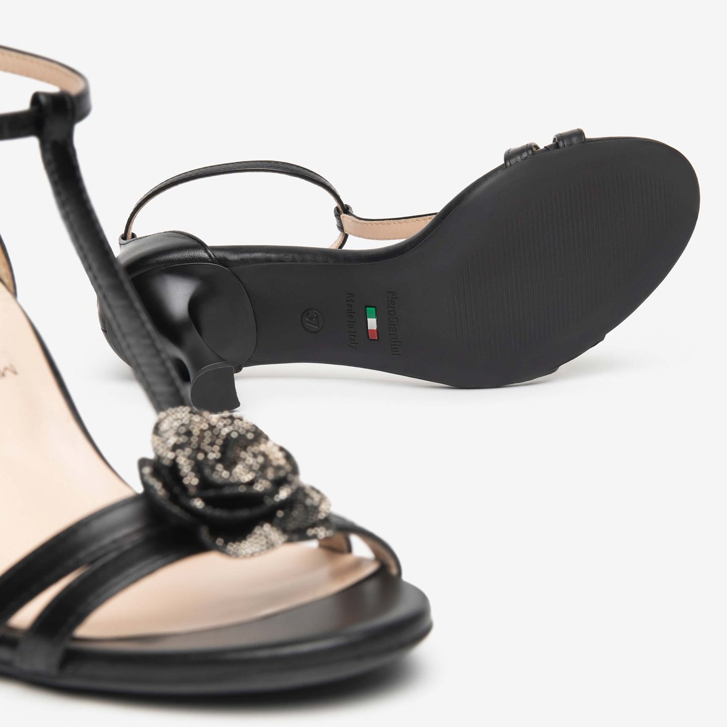 Sandali NeroGiardini Donna Tacco Alto E615642-100 in Pelle | Eleganti con Fiore