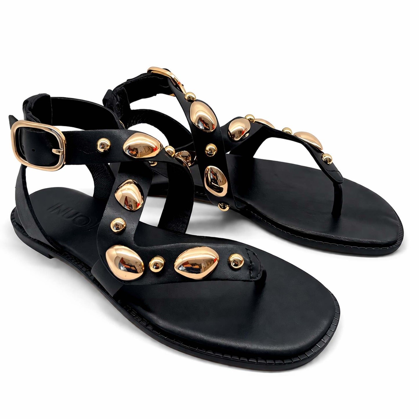 Sandali INUOVO Donna Infradito in Pelle Nera E35008N | Tacco Basso e Borchie