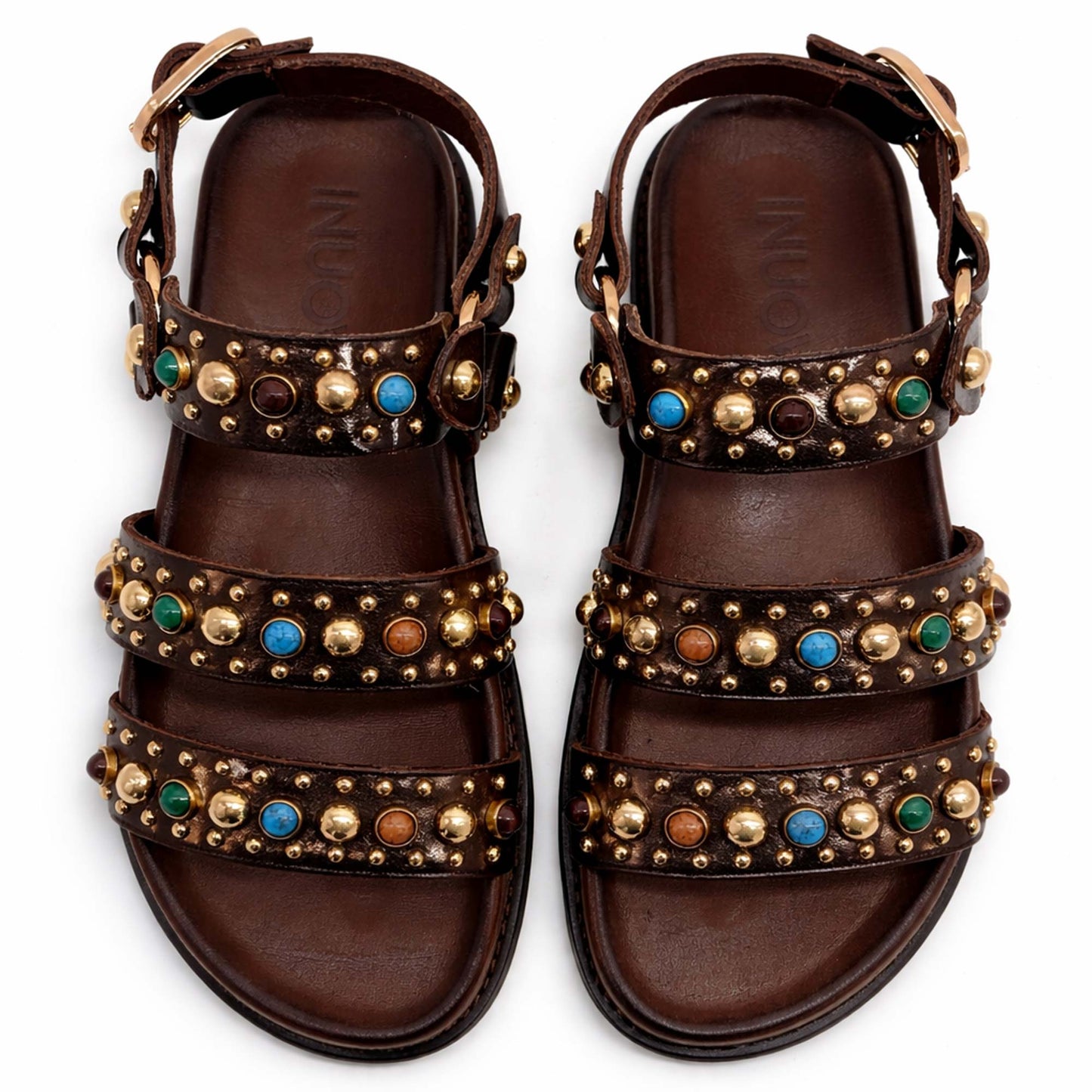 Sandali INUOVO D51045 Donna con Fibbe e Borchie | Pelle Marrone