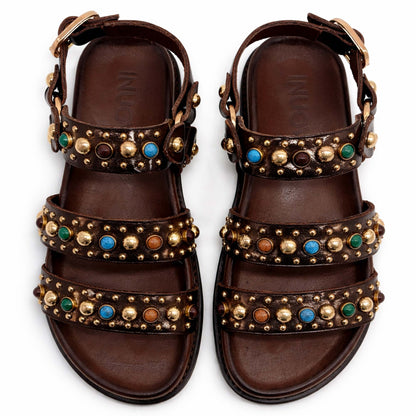 Sandali INUOVO D51045 Donna con Fibbe e Borchie | Pelle Marrone