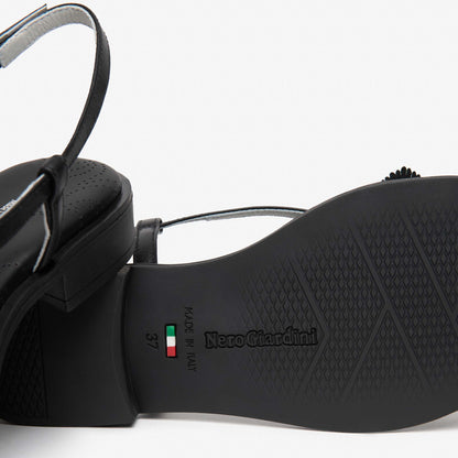 Sandali Nero Giardini Donna Tacco Basso con fiore | Pelle Nera E615901D-100