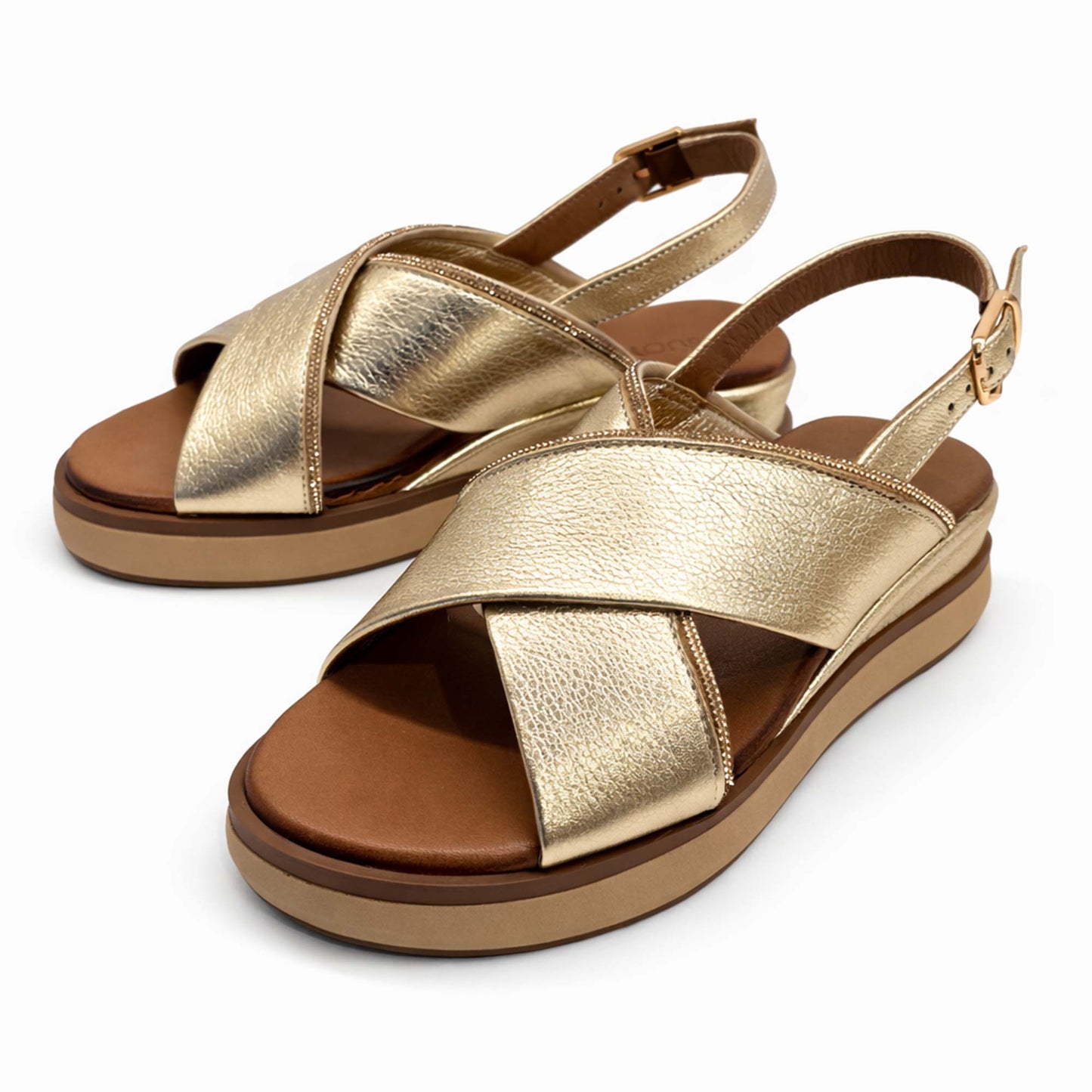 Sandali INUOVO Donna Zeppa in Pelle Oro 113129 | Calzata Comoda