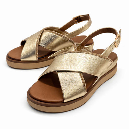 Sandali INUOVO Donna Zeppa in Pelle Oro 113129 | Calzata Comoda