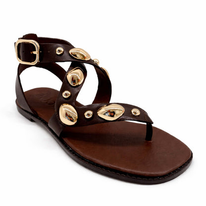 Sandali INUOVO Donna Infradito in Pelle Marrone E35008N | Tacco Basso e Borchie