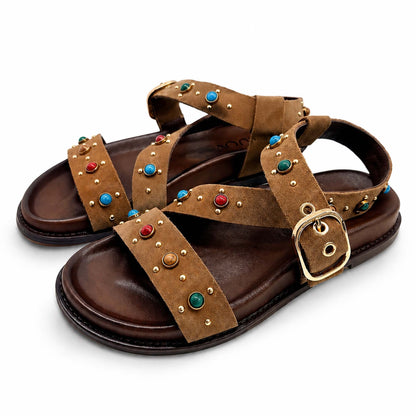 Sandali INUOVO D51047 alla Schiava con Borchie Donna | Camoscio Sigaro