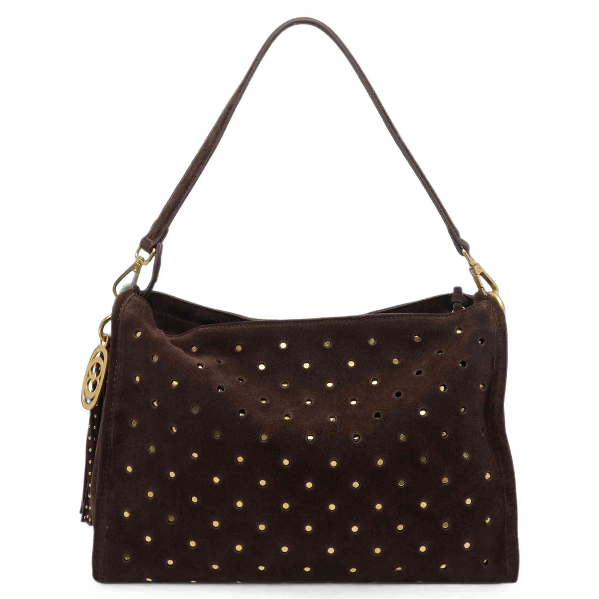 Borsa La Carrie Downtown marrone in suede con borchie metalliche e logo