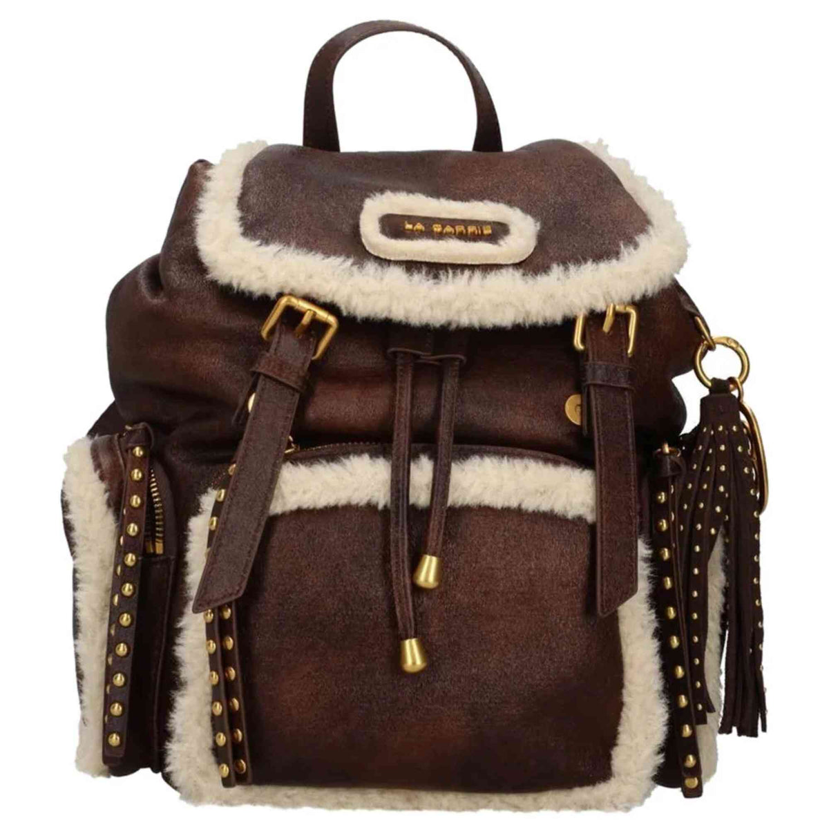 Dettagli dello zaino Warmtouch La Carrie marrone con fibbie e finiture dorate